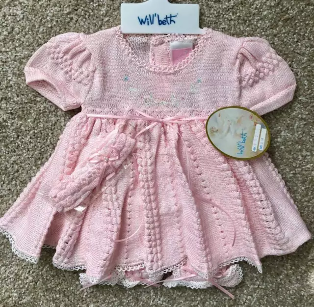 Will'beth Infant Newborn Reborn Baby Girl Fancy Pink Knit Set Headband NWT Sz0
