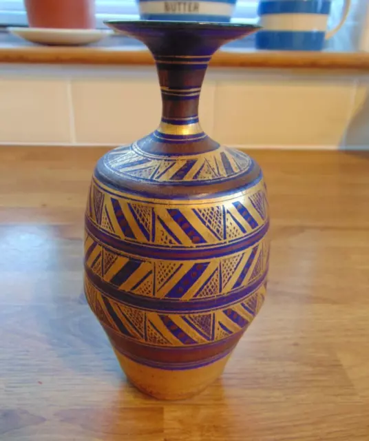 Mary Rich Pottery Geometric Patterned Vase - Blue With Gold Lustre