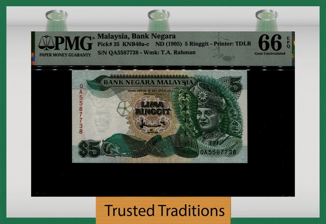 Tt Pk 35 Nd (1995) Malaysia 5 Ringgit T.a. Rahman Pmg 66 Epq Gem Uncirculated