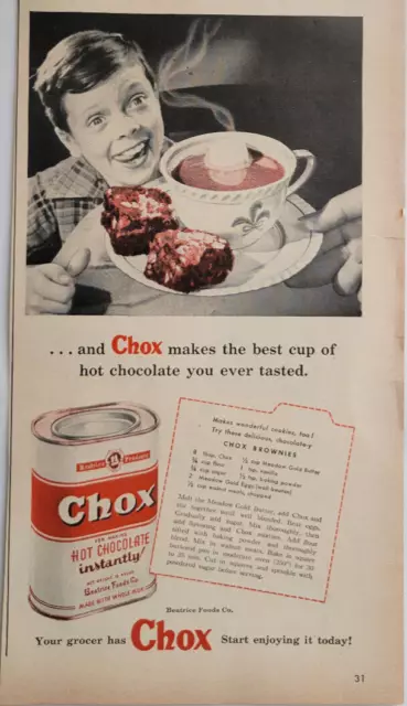Chox Hot Chocolate Brownie Recipe Beatrice Foods Original 1940s Print Ad ~6x14"