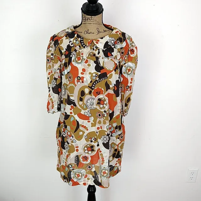 H&M Womens sz 6 Dress Orange Geometric 3/4 Sleeve Peter Pan Collar Short