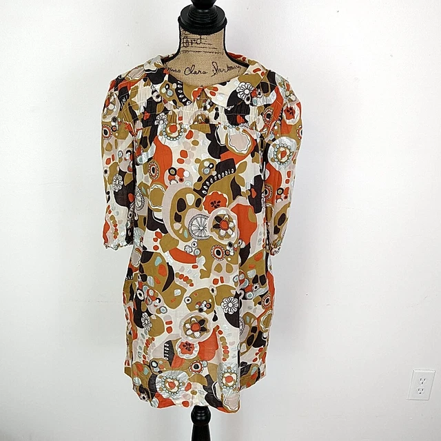 H&M Womens sz 6 Dress Orange Geometric 3/4 Sleeve Peter Pan Collar Short