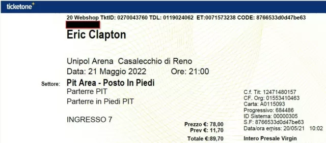 Biglietto Concerto Eric Clapton - 21/05/2022 - Casalecchio di Reno (Bologna)