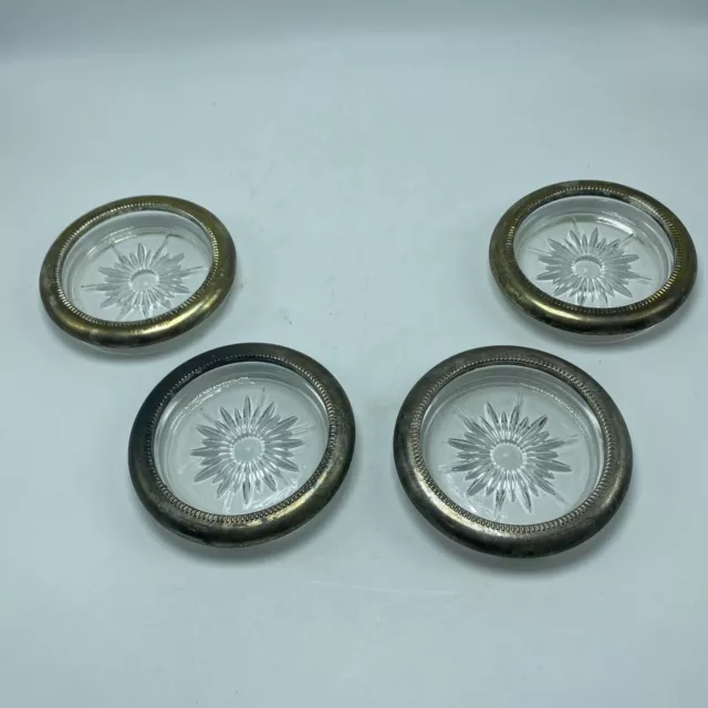 Cut Glass Coasters Set Of 4 Vintage With Silver-Plated Edge 4" Diameter