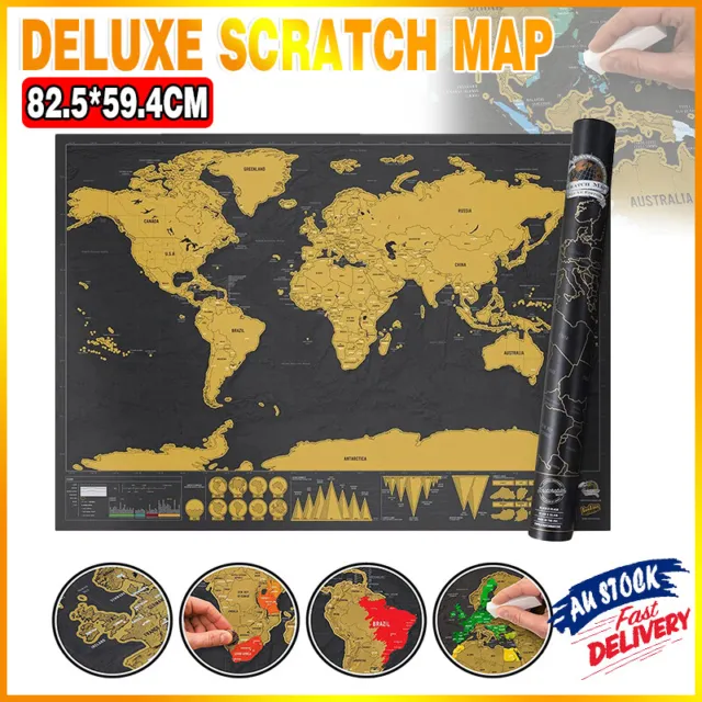 Deluxe Scratch off world Map Interactive large Poster Atlas Travel Decor Gift AU