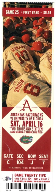 Arkansas Razorbacks SEC Baseball Ticket Stub Florida Game 4/16/16 Baum Stadium