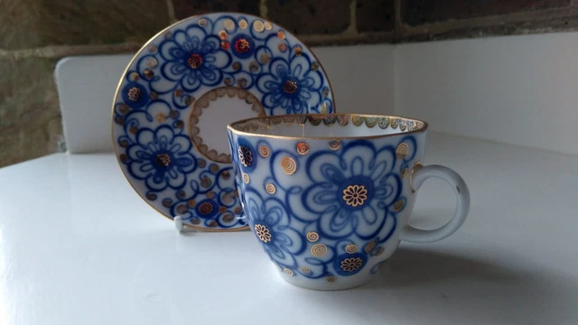 Lomonossow Porzellan Bindholz Kaffeetasse + Untertasse handbemalt + 22K Golddekoration