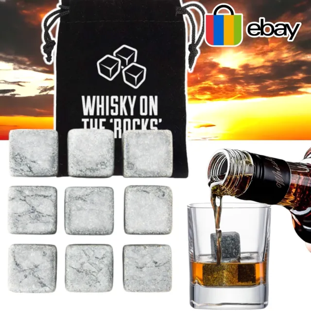 Whiskey Ice Stones 9 PCS Reusable Granite Cooler Cubes Scotch Whisky Rocks Glass