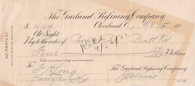 U.S. The Garland Refining Company, Cleveland,O. 1905 Retd Invoice+Stub Ref 44440