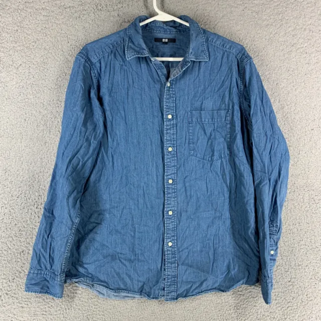 Uniqlo Shirt Mens L Medium Wash Blue Chambray Button Up Western Classic