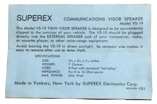 Vintage SUPEREX Electronics Corp CB Visor Speaker VS-19 Package Insert