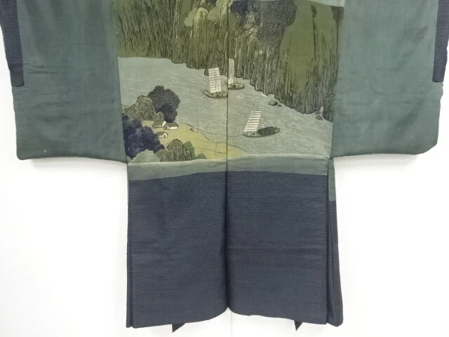 44680# JAPANESE KIMONO / ANTIQUE MENS HAORI / SCENERY OF RIVER (lining)