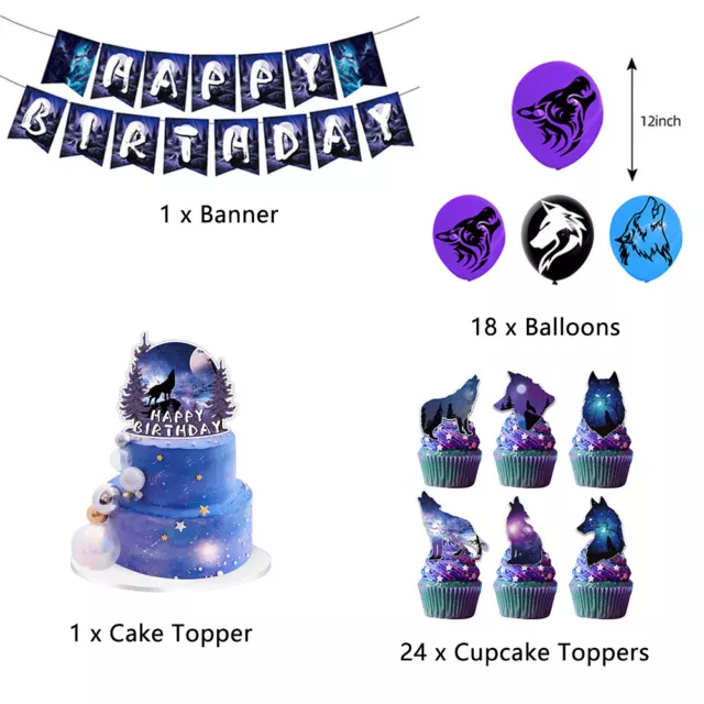 44 pcs Banner, Cake Toppers & Balloons Set For Wolf Themed Birthday Party Decor