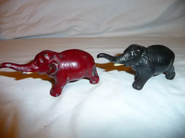 Antique Cast Metal Elephant Trunk Up Figurine Paperweight Lot of 2