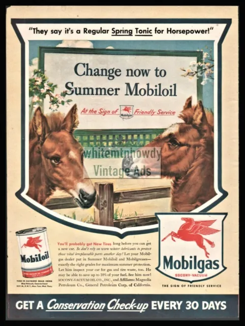 1943 MOBIL0 OIL 2 Foals Colts Chatting at the fence Mobilgas Mobiloil Vintage AD