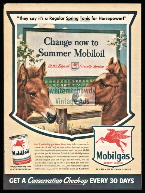 1943 MOBIL0 OIL 2 Foals Colts Chatting at the fence Mobilgas Mobiloil Vintage AD