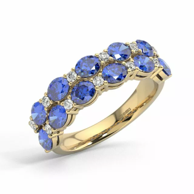 6.5 MM, Round Cut Diamond & Oval Blue Sapphire Eternity Ring in 18K Yellow Gold