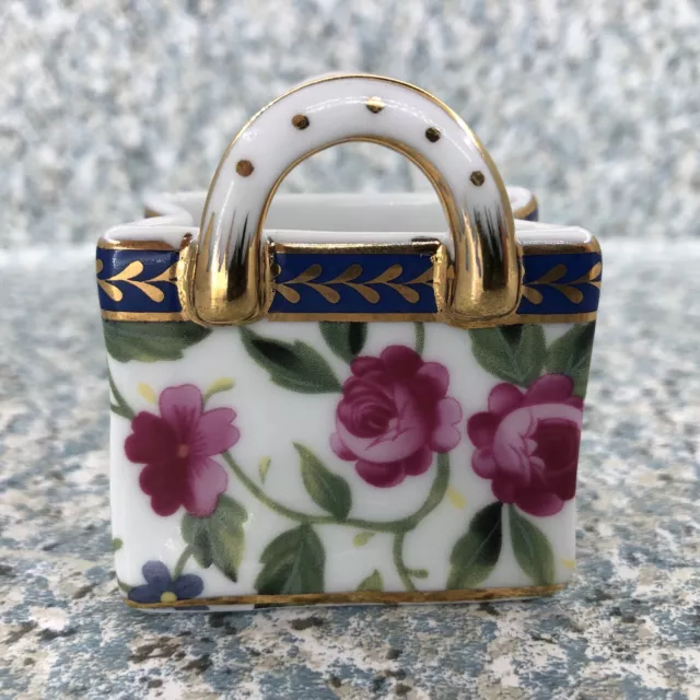 Miniature 2.5" Porcelain Tote Shopping Bag Purse Floral Decorative Storage Box