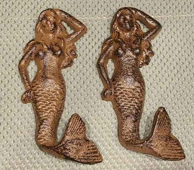 NEW 2 Mermaid Wall Hooks Beach Nautical Coastal Decor Cast Iron Hanger Metal