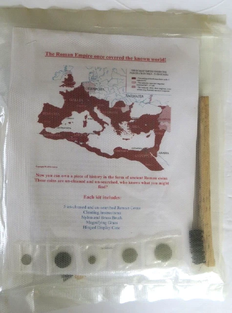 lot of 5 Roman Coins with Cleaning Kit &Guide, Brush, Display Case and Magnifier