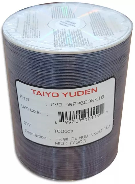 100-Pak TAIYO YUDEN (made in Japan) White Inkjet Hub 16X DVD-R's in Tapewrap