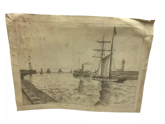 Ancien Dessin Original Port De Boulogne Sur Mer Bateau Marine Cpa Tableau Toile