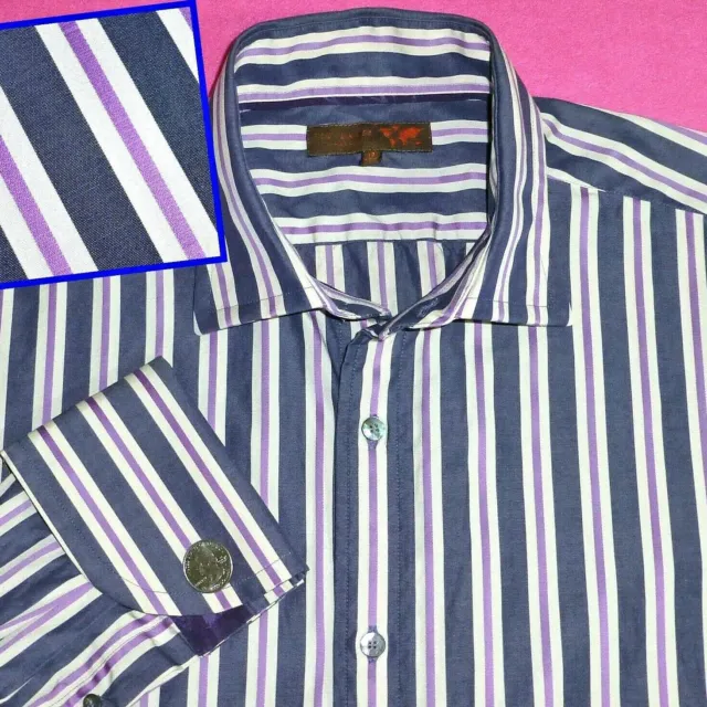 17 43.5 Ted Baker Mens Shirt French Cuff Striped Grey Cream Purple