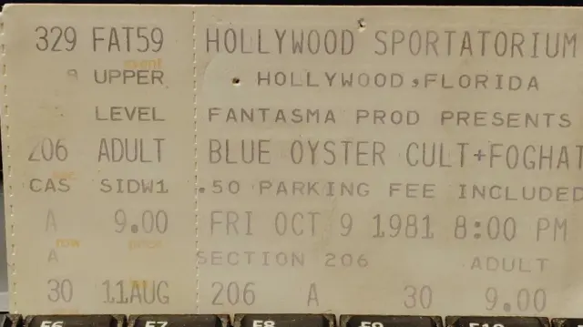 Vintage Blue Oyster Cult / Foghat Ticket Stub October 9 1981 Hollywood Florida