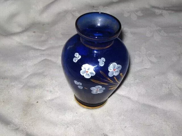 A Victorian Style Handpainted Gilt, Mauve & White Pansies Cobalt Blue Glass Vase