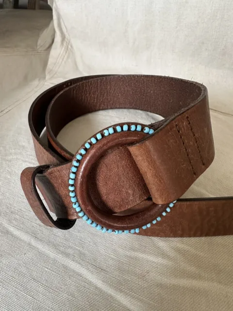 Ralph Lauren leather women's Brown belt turquoise Buckle Bead western Sz M