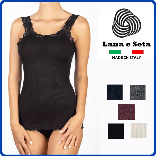 Canotta Canottiera intima da donna spalla larga con pizzo in Lana e seta top