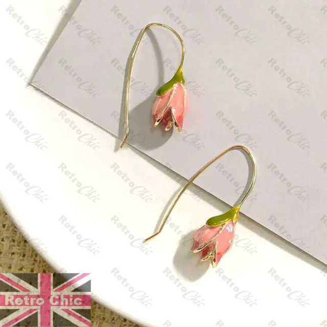 Tulip Pink Enamel Vintage Romantic Floral Earrings Dangle Drop Art Deco Style