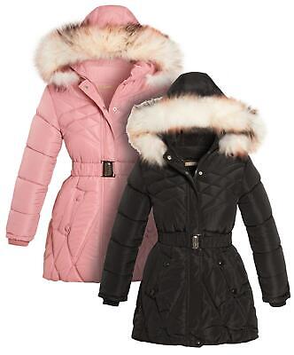 Girls Quilted Jacket Padded Coat Black Faux Fur Pink Age 10 9 8 13 7 11 4 Years