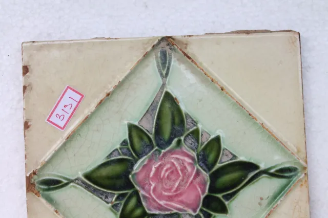 Antique Rose Flower Engrave Nouveau Art Majolica Ceramic Tiles Japan Made NH3131 2