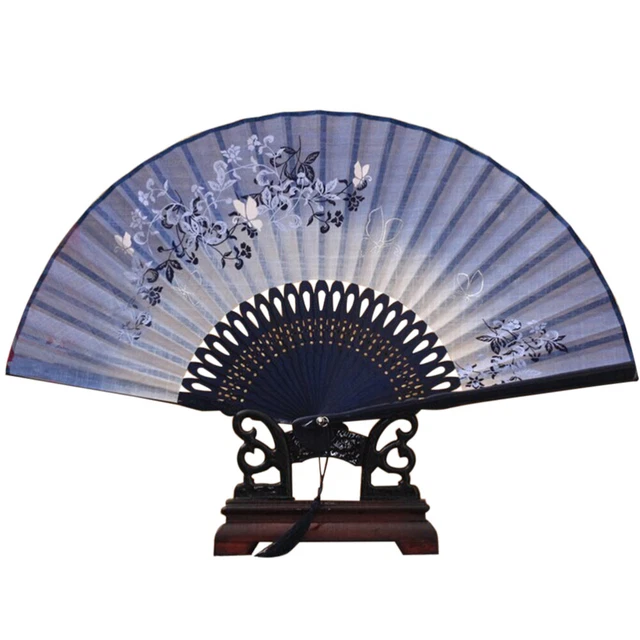 Ventola pieghevole donna stile fiore in bambù con nappa (blu + nero)