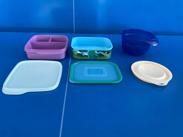 Lot De 4 Boîtes Tupperware Rondes Avec Couvercles - Transparentes Et Bleues - Occasion En Très Bon état