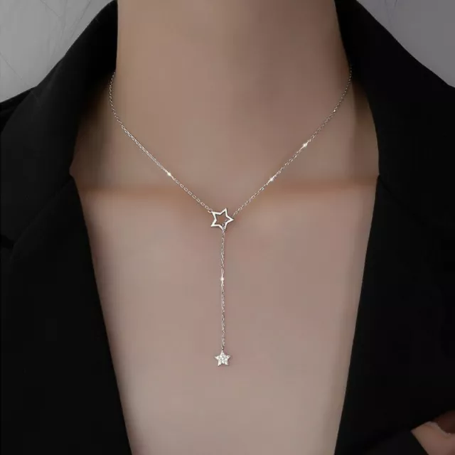 Silver Zircon Star Tassel Pendant Necklace Clavicle Chain Women Jewelry Gift