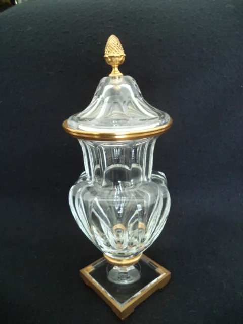 Baccarat crystal covered jar urn vase gold fittings 12.5in paneled sides sq base