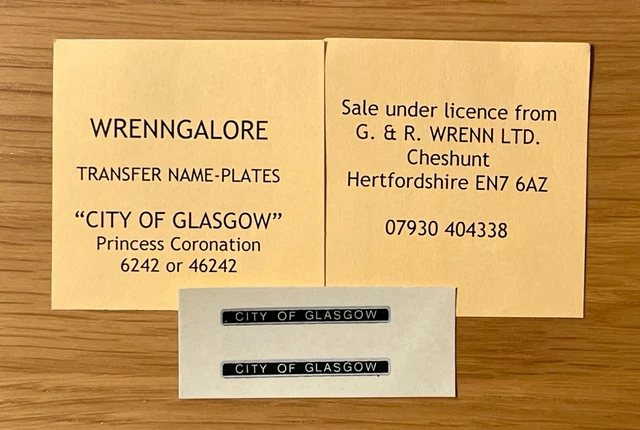 WRENN & Hornby Dublo "City of GLASGOW" waterslide Name Plates for W2229, W2315/6