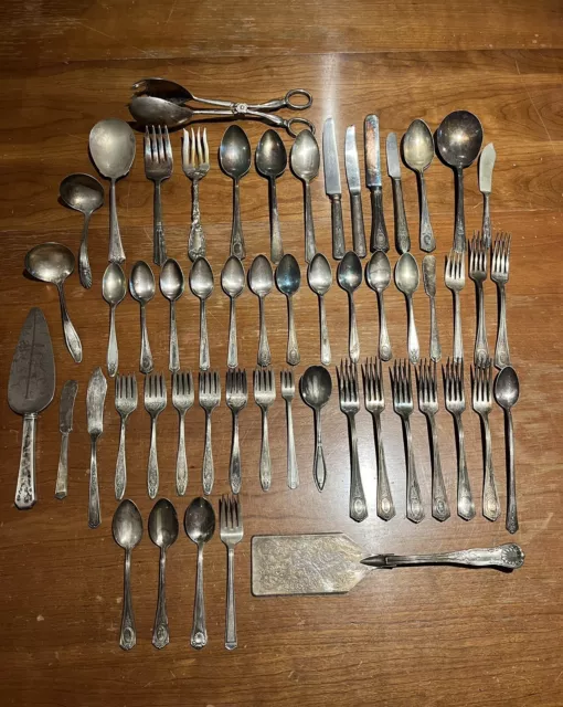 Lot Of 54 Vintage Antique Silverplate Silverware Forks Serving Knives Spoons