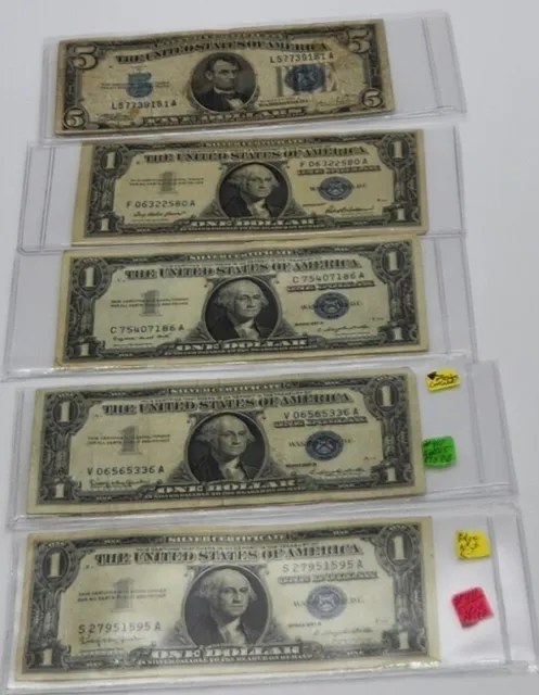 5  US  Silver Certificate Lot (1) $ 5 its 1934 C (4) $ 1 Serie 1957, 57A,&(2)57B