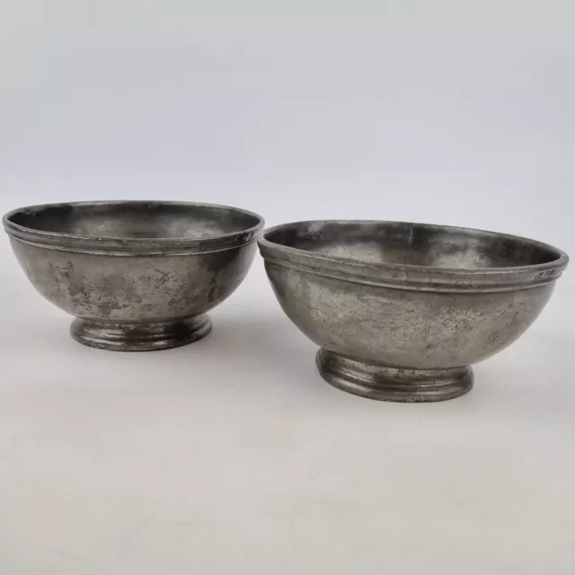 Antique Pair 19th Century Pewter Bowls Initialed "CPO" 13.2cm Diameter