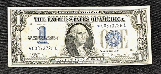 1934 $1 Dollar Silver Certificate Blue Seal Rare Star Note ⭐️