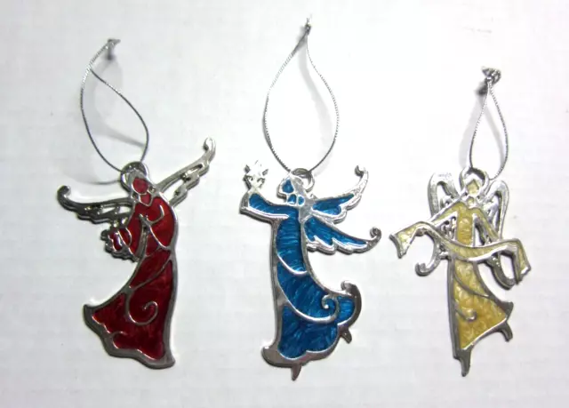 Angels Christmas Tree Ornaments Blue White Red Enamel Centers Set of 3 Holiday