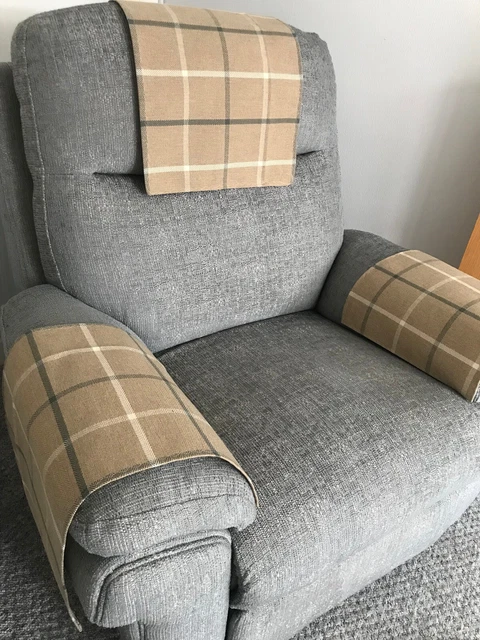 Armchair Arm Cover Chair Back Antimacassar Sofa Headrest 1 x TWEED Tartan Beige