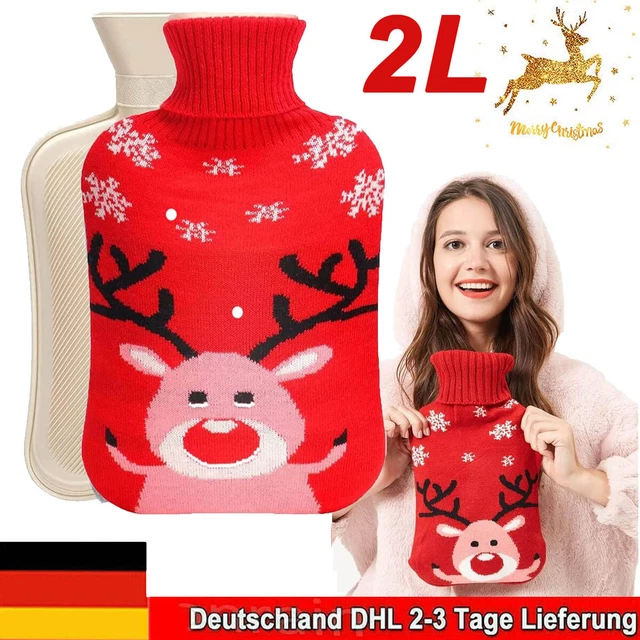 Premium Wärmflasche 2 Liter mit edlem Strickbezug Weihnachtenmuster Wärmeflasche