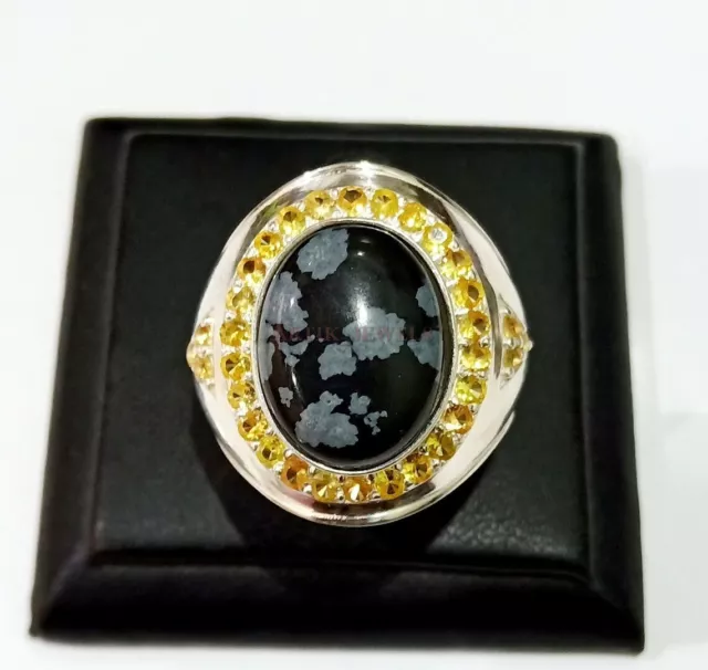 Natural Snowflake Obsidian & Citrine Gemstone with 925 Sterling Silver Ring 1364
