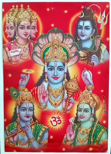 Hindu Religious Old Unique Rare Poster Lord Vishnu Shiva Bhrama Krishan & Rama