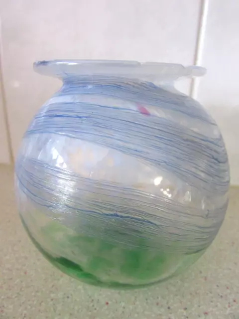 Small round lipped art glass vase blue/green swirls 3.1/2" tall, collectable