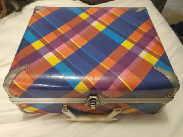 Vintage Cardboard Suitcase 12" X 10” X 5” Case Plaid Bright colors metal trim